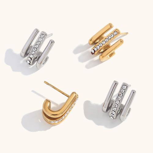 Stainless Steel Stud Earrings, 304 Stainless Steel, Vacuum Ion Plating, fashion jewelry & for woman & with rhinestone, more colors for choice, 9.40x14.80mm, Sold By Pair