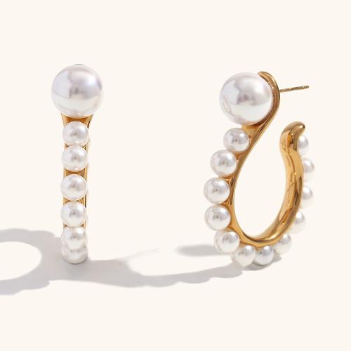Stainless Steel Stud Earrings, 304 Stainless Steel, with Plastic Pearl, 18K gold plated, fashion jewelry & for woman, golden, 43.90mm, Sold By Pair