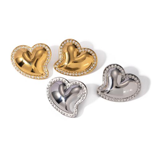Stainless Steel Stud Earrings, 304 Stainless Steel, Heart, Vacuum Ion Plating, fashion jewelry & for woman & with rhinestone, more colors for choice, 30x33mm, Sold By Pair