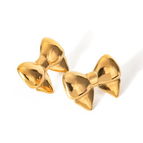 Stainless Steel Stud Earrings, 304 Stainless Steel, Bowknot, 18K gold plated, fashion jewelry & for woman, golden, 33.80x25mm, Sold By Pair