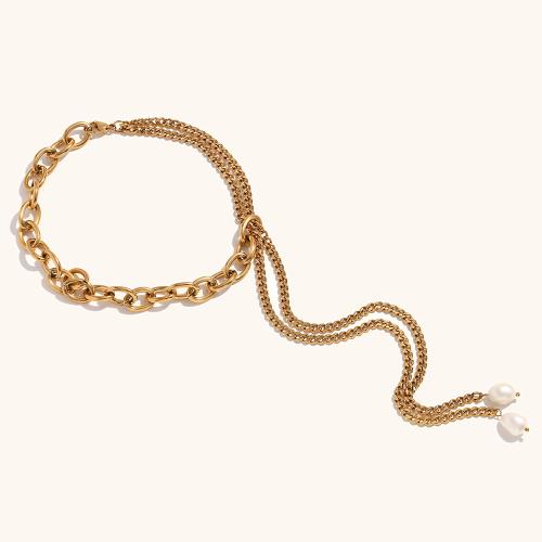 Stainless Steel Jewelry Bracelet 304 Stainless Steel with Freshwater Pearl 18K gold plated Double Layer & fashion jewelry & for woman Length 50 cm Sold By PC