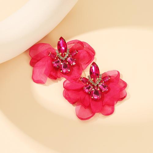 Zinc Alloy Stud Earring with Lace & Crystal Flower fashion jewelry & for woman & with rhinestone Sold By Pair
