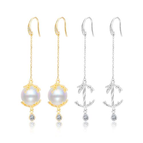 925 Sterling Silver Earring Drop Findings, with Shell Pearl, different styles for choice & micro pave cubic zirconia, more colors for choice, 60mm, Sold By Pair