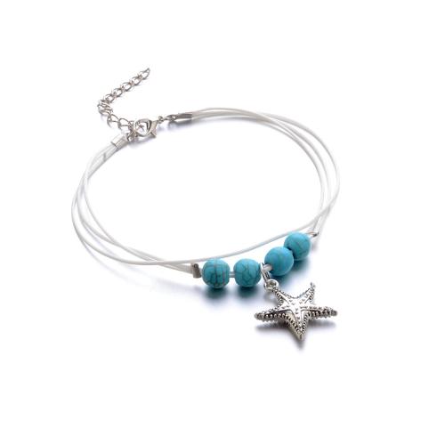 Zinc Alloy Anklet with turquoise & Wax Cord Bohemian style & for woman green Sold By PC