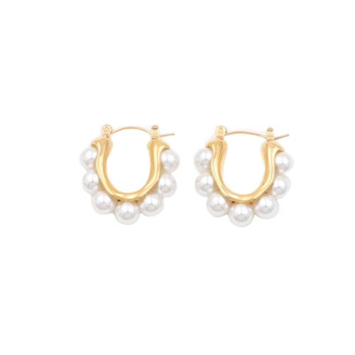 304 Stainless Steel Lever Back Earring with Plastic Pearl Letter U gold color plated fashion jewelry & for woman Sold By Pair