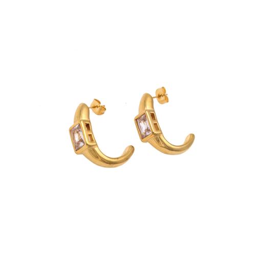 Acier titane boucle d oreille dormeuse, Placage de couleur d'or, bijoux de mode & pavé de micro zircon & pour femme, 27mm, Vendu par paire