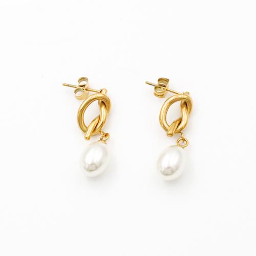 Titanium Steel Drop Earring, with Plastic Pearl, gold color plated, fashion jewelry & for woman & hollow, 16.80mm, Sold By Pair