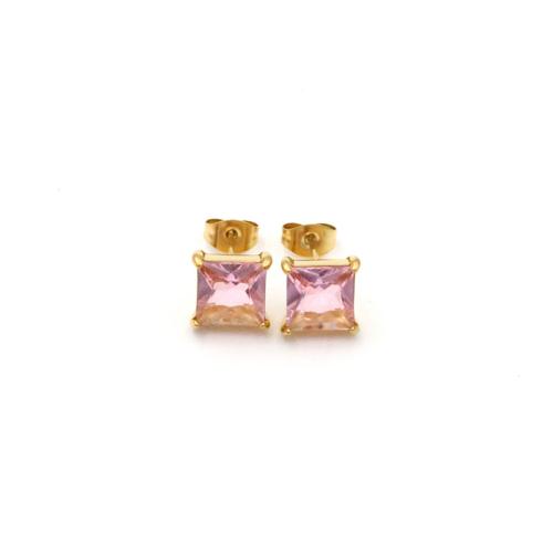 Titanium Steel Stud Earring Square 18K gold plated fashion jewelry & for woman & with cubic zirconia 9.50mm Sold By Pair