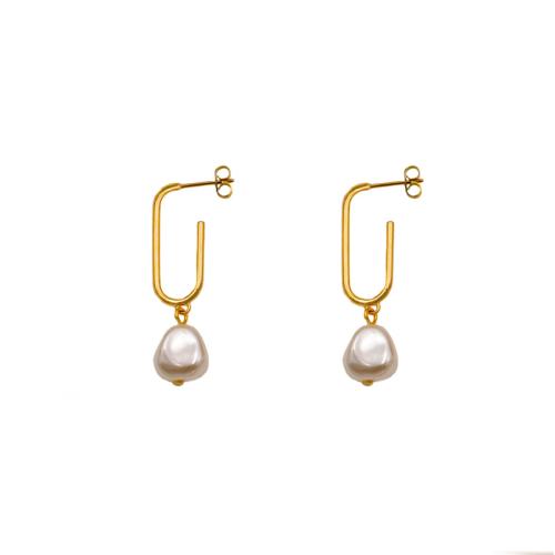 Titanium Steel Drop Earring, with Plastic Pearl, Geometrical Pattern, gold color plated, fashion jewelry & for woman, 10x41mm, Sold By Pair