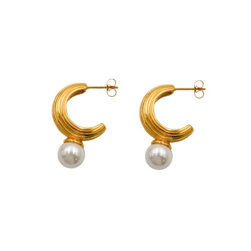 304 rustfrit stål Stud Earring, med Plastic Pearl, Letter C, guldfarve belagt, mode smykker & for kvinde, 20x33mm, Solgt af par