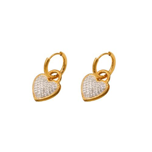 Acier inoxydable 304 Boucles d'oreilles pendantes Hoop Huggie, coeur, Placage de couleur d'or, pavé de micro zircon & pour femme, plus de couleurs à choisir, 15x29mm, Vendu par paire