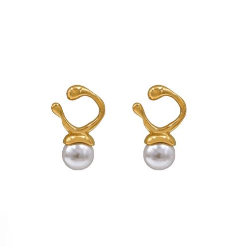 Titanium Steel Stud Earring with Plastic Pearl Geometrical Pattern gold color plated fashion jewelry & for woman Sold By Pair