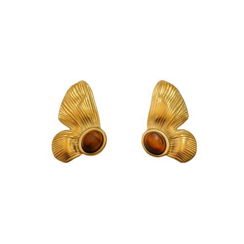 304 Stainless Steel Stud Earring, with Tiger Eye, Flower, plated, fashion jewelry & for woman, more colors for choice, 23x39mm, Sold By Pair