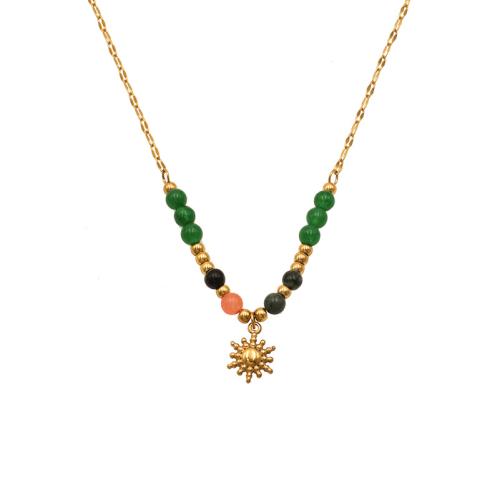 Acier titane collier, avec pierre gemme, avec 2inch chaînes de rallonge, soleil, Placage de couleur d'or, Vintage & pour femme, Longueur:Environ 19.7 pouce, Vendu par PC