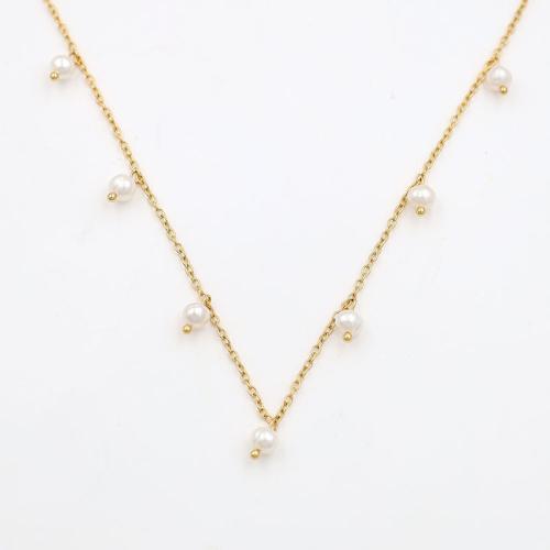304 Stainless Steel Necklace with Plastic Pearl with 2inch extender chain gold color plated oval chain & for woman Length Approx 15.4 Inch Sold By PC