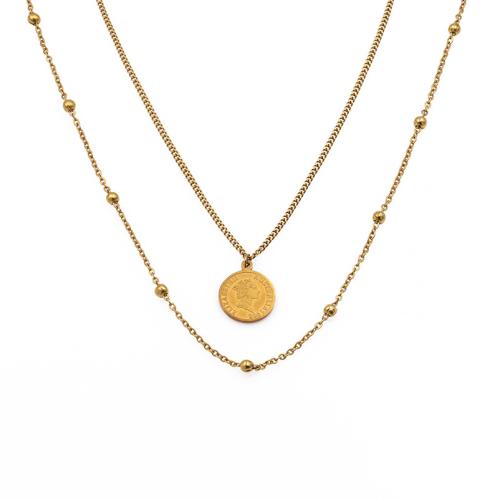 Titanium Steel Necklace, with 2inch extender chain, Flat Round, gold color plated, Double Layer & for woman, Length:Approx 14.6 Inch, Sold By PC