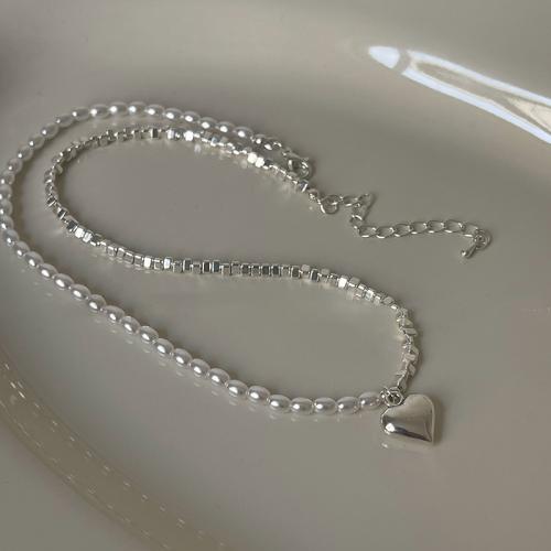 Colar de aço titânio, Partículas de aço, with Shell Pearl, with 5cm extender chain, joias de moda & para mulher, prateado, comprimento Aprox 40 cm, vendido por PC