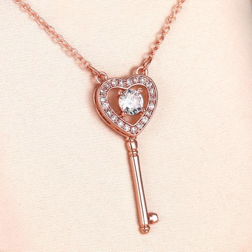 Cubic Zircon Micro Pave Brass Necklace Key fashion jewelry & micro pave cubic zirconia & for woman rose gold color 31mm Length Approx 45 cm Sold By PC
