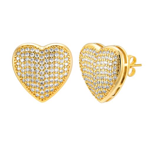Brass Stud Earring, Heart, 18K gold plated, fashion jewelry & for woman & with rhinestone, golden, 20mm, Sold By Pair