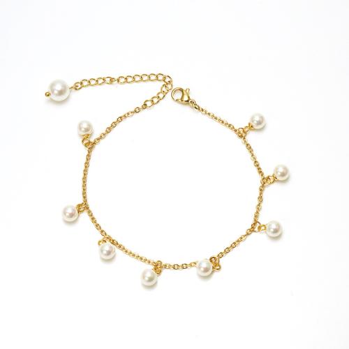 Stainless Steel Anklet, 304 Stainless Steel, with Plastic Pearl, with 6cm extender chain, 18K gold plated, fashion jewelry & for woman, golden, Length:Approx 20 cm, Sold By PC