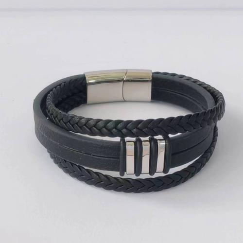 PU Cord Armband, med 304 rostfritt stål, mode smycken & olika längd för val & för människan, svart, Säljs av PC