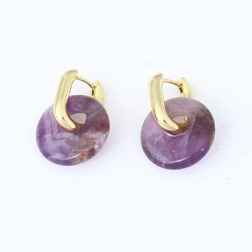 Brass Leverback Earring, with Gemstone Chips, Round, gold color plated, for woman, purple, nickel, lead & cadmium free, 41.30x11.40x7.60mm, Sold By Pair