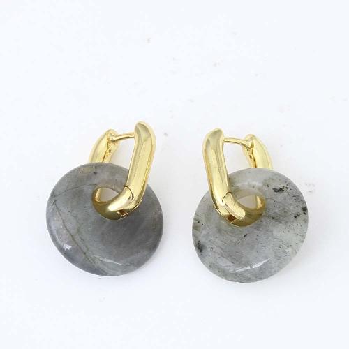 Brass Leverback Earring, with Gemstone Chips, Round, gold color plated, for woman, grey, nickel, lead & cadmium free, 48.80x9.10x7.70mm, Sold By Pair