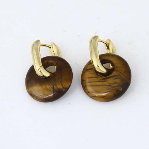 Brass Leverback Earring, with Gemstone Chips, Round, gold color plated, for woman, brown, nickel, lead & cadmium free, 47x10.50x7.80mm, Sold By Pair