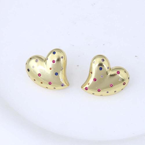 Cubic Zirconia Micro Pave Brass Earring, Heart, gold color plated, micro pave cubic zirconia & for woman, nickel, lead & cadmium free, 19.90x19x5.60mm, Sold By Pair