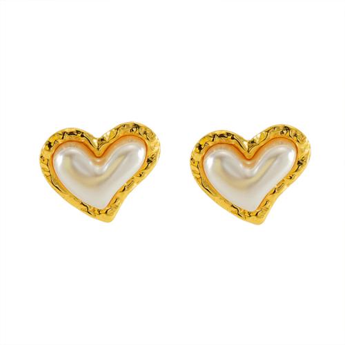 Stainless Steel Stud Earrings, 304 Stainless Steel, with Plastic Pearl, Heart, 18K gold plated, fashion jewelry & for woman, 21x23mm, Sold By Pair