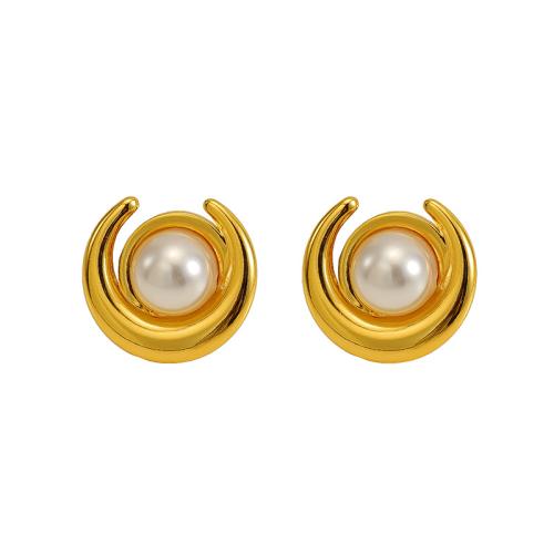 Stainless Steel Stud Earrings 304 Stainless Steel with Plastic Pearl Moon 18K gold plated fashion jewelry & for woman Sold By Pair