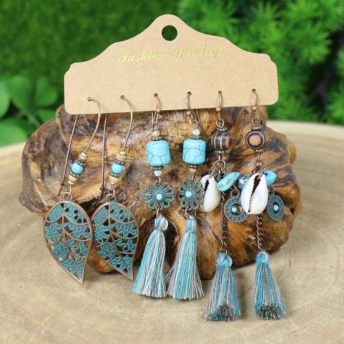 Zinc Alloy Drop Earrings with Cotton Thread & Shell & Wood three pieces & for woman Sold By Set