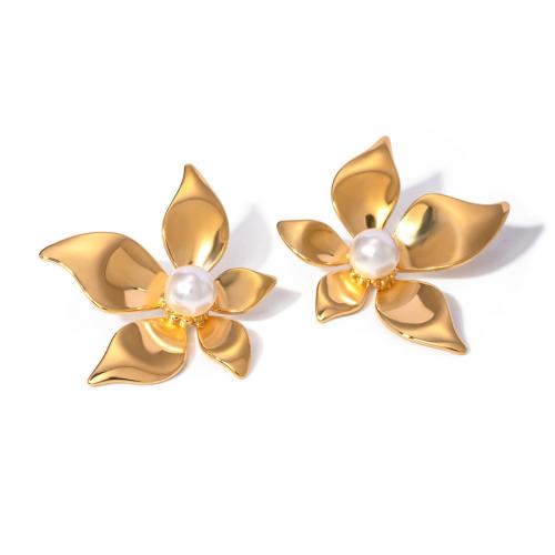 Stainless Steel Stud Earrings 304 Stainless Steel with Plastic Pearl petals plated for woman golden Sold By Pair