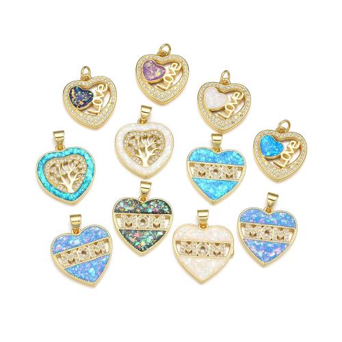 Cubic Zirconia Micro Pave Brass Pendant with Opal Heart plated DIY & micro pave cubic zirconia Sold By PC