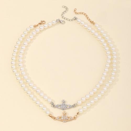Plastik perle halskæde, Zinc Alloy, med Plastic Pearl, med 5cm extender kæde, forgyldt, Micro Pave cubic zirconia & for kvinde, flere farver til valg, Længde 40 cm, Solgt af PC
