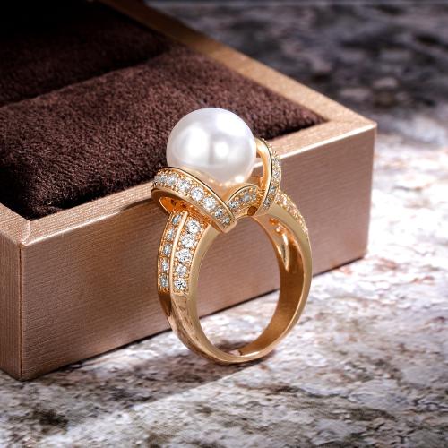 Cubic Zirconia Micro Pave Brass Ring, with Plastic Pearl, different size for choice & micro pave cubic zirconia & for woman, golden, Sold By PC