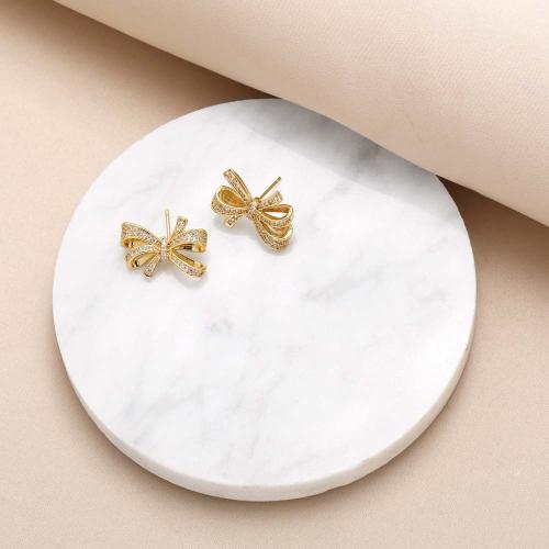 Cubic Zirconia Micro Pave Brass Earring Bowknot gold color plated fashion jewelry & micro pave cubic zirconia golden nickel lead & cadmium free Sold By Pair