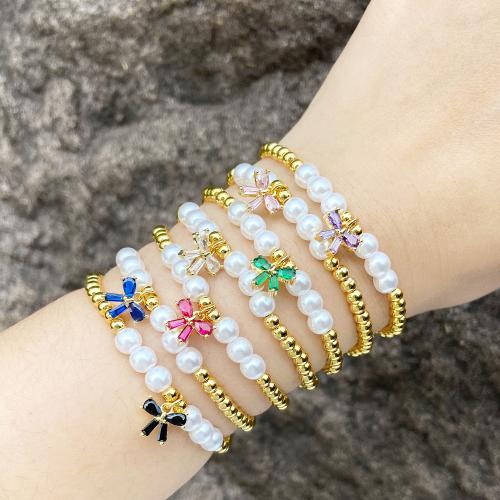 Cubic Zirconia Micro Pave Brass Bracelet, with Plastic Pearl, gold color plated, fashion jewelry & micro pave cubic zirconia, more colors for choice, nickel, lead & cadmium free, Sold By PC