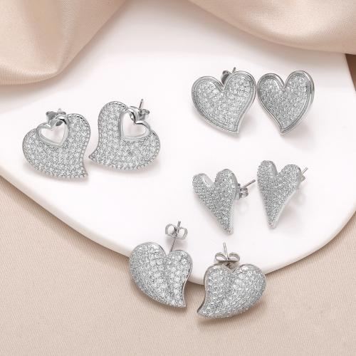 Cubic Zirconia Micro Pave Brass Earring, Heart, silver color plated, fashion jewelry & different designs for choice & micro pave cubic zirconia, silver color, nickel, lead & cadmium free, Sold By Pair