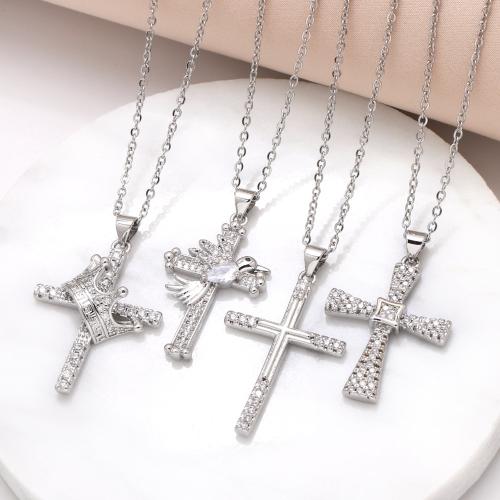 Cubic Zircon Micro Pave Brass Necklace, with 5cm extender chain, Cross, silver color plated, fashion jewelry & different designs for choice & micro pave cubic zirconia, silver color, nickel, lead & cadmium free, Length:45 cm, Sold By PC