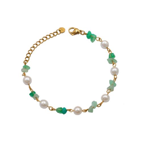 304 Stainless Steel Bracelet with Gemstone & Plastic Pearl with 1.6inch extender chain gold color plated fashion jewelry & for woman Length Approx 5.9 Inch Sold By PC