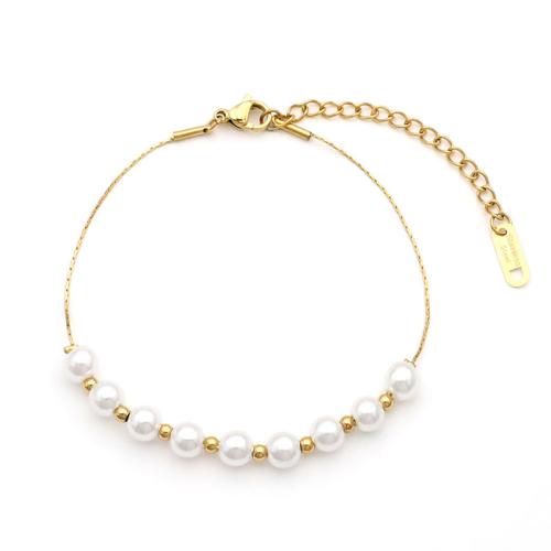 Titanium Steel Bracelet with Plastic Pearl with 2inch extender chain gold color plated fashion jewelry & for woman Length Approx 6.5 Inch Sold By PC