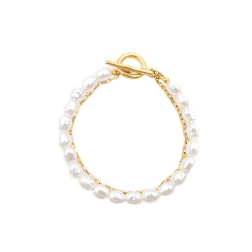 304 Stainless Steel Bracelet, with Plastic Pearl, gold color plated, Double Layer & fashion jewelry & for woman, Length:Approx 6.3 Inch, Sold By PC