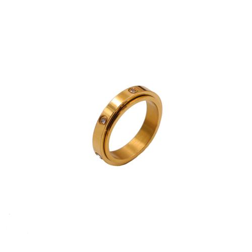 Aço inoxidável 304 anel, cromado de cor dourada, rotatable & micro pavimento em zircônia cúbica & para mulher, tamanho:6, vendido por PC