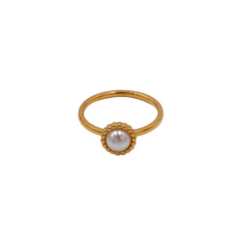Titantium stali Pierścionek, ze Perła plastikowa, Platerowane w kolorze złota, biżuteria moda & dla kobiety, rozmiar:8, sprzedane przez PC
