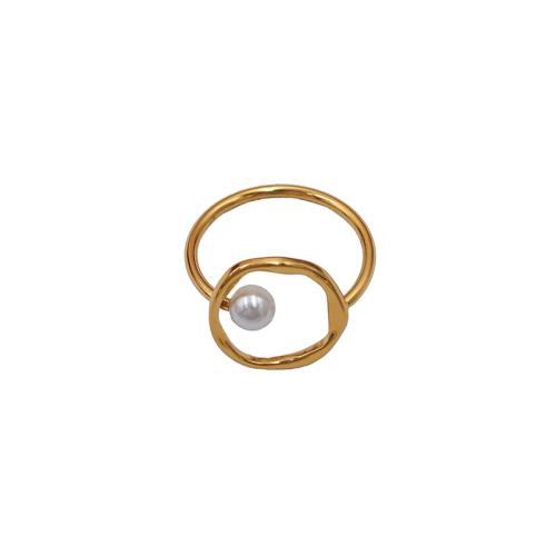 acero inoxidable 304 anillo, con Perlas plásticas, Patrón Geométrico, chapado en color dorado, para mujer & hueco, tamaño:8, Vendido por UD