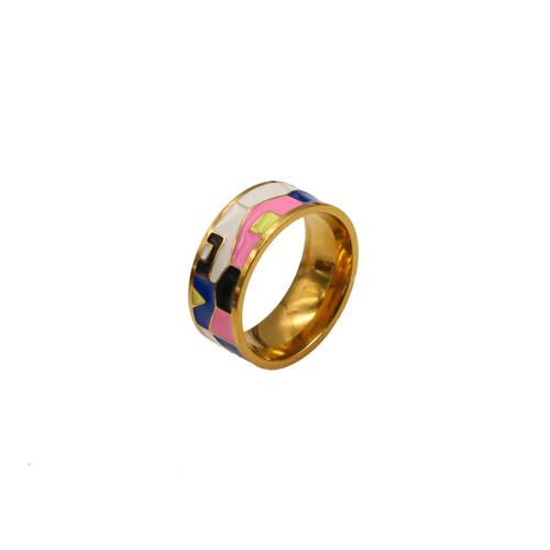 Partículas de acero anillo, chapado en color dorado, Esmalte de Esmalte Pintado a mano & diferentes estilos para la opción & para mujer, tamaño:7, Vendido por UD