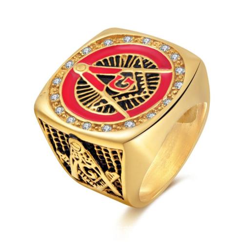 Titanium Steel Finger Ring, gold color plated, freemason jewelry & different size for choice & for man & enamel, US Ring Size:8-13, Sold By PC