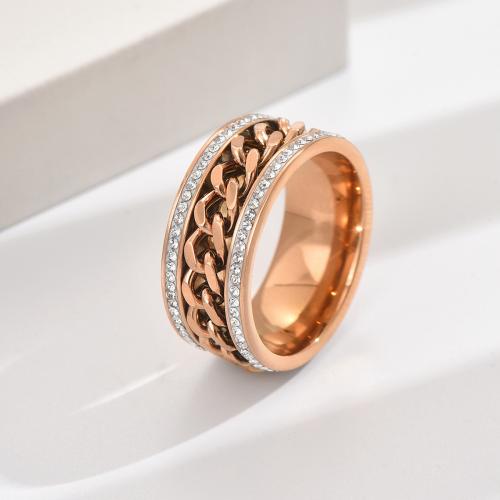Titanium Steel Finger Ring rose gold color plated Unisex & with rhinestone US Ring Sold By PC