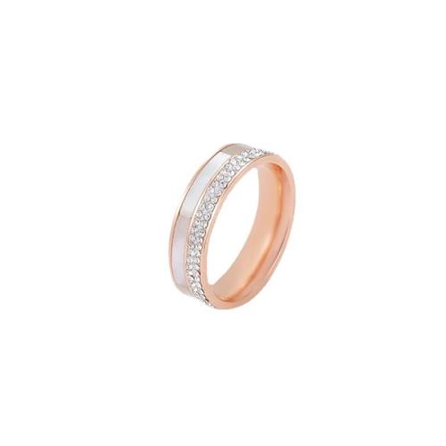 Titanium Stål Fingerring, med White Shell, rosa guld farve forgyldt, forskellig størrelse for valg & for kvinde & med rhinestone, Størrelse:6-9, Solgt af PC
